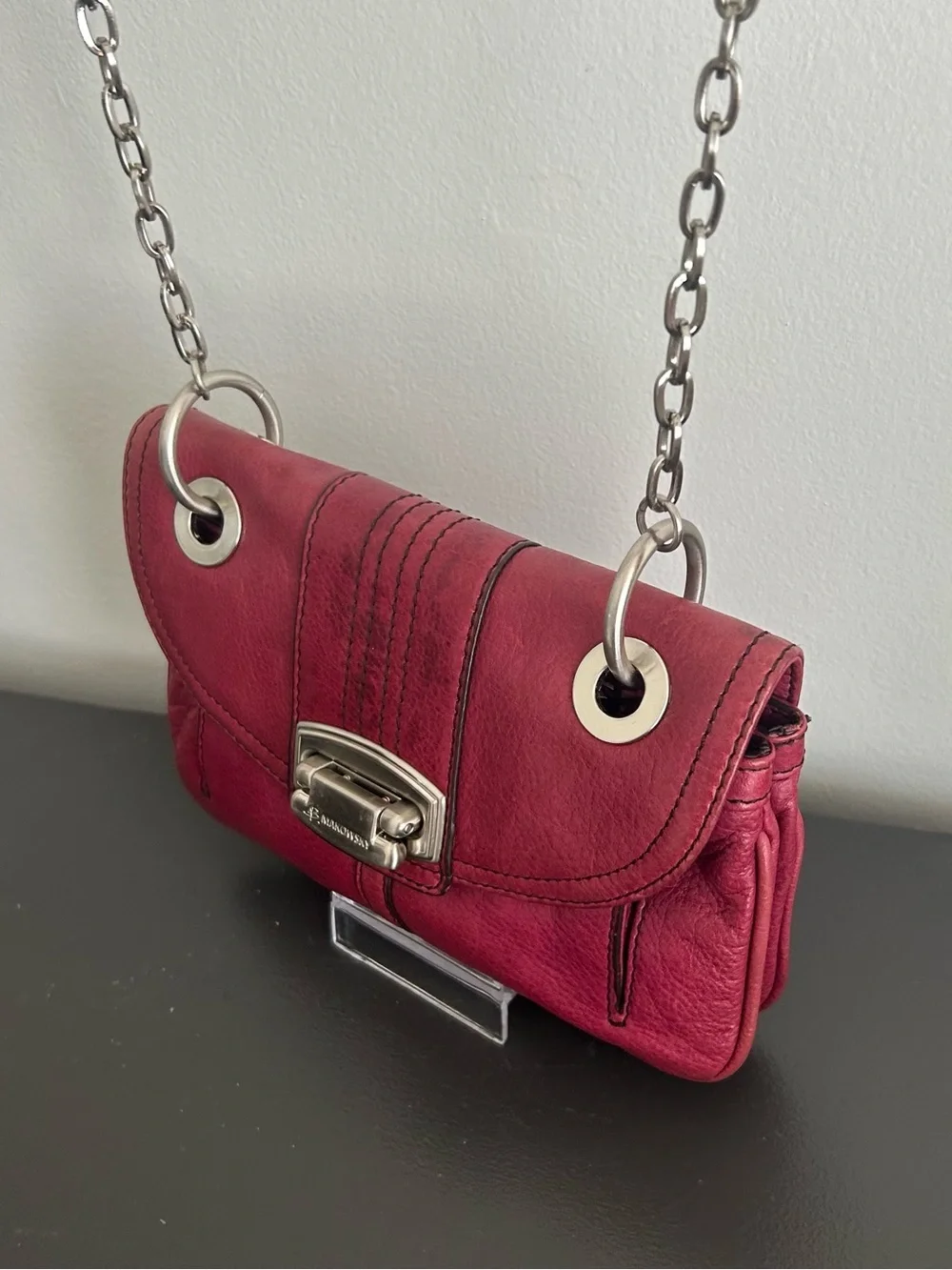 B. Makowsky Burgundy Pebbled Leather Crossbody Bag Silver Chain Purse